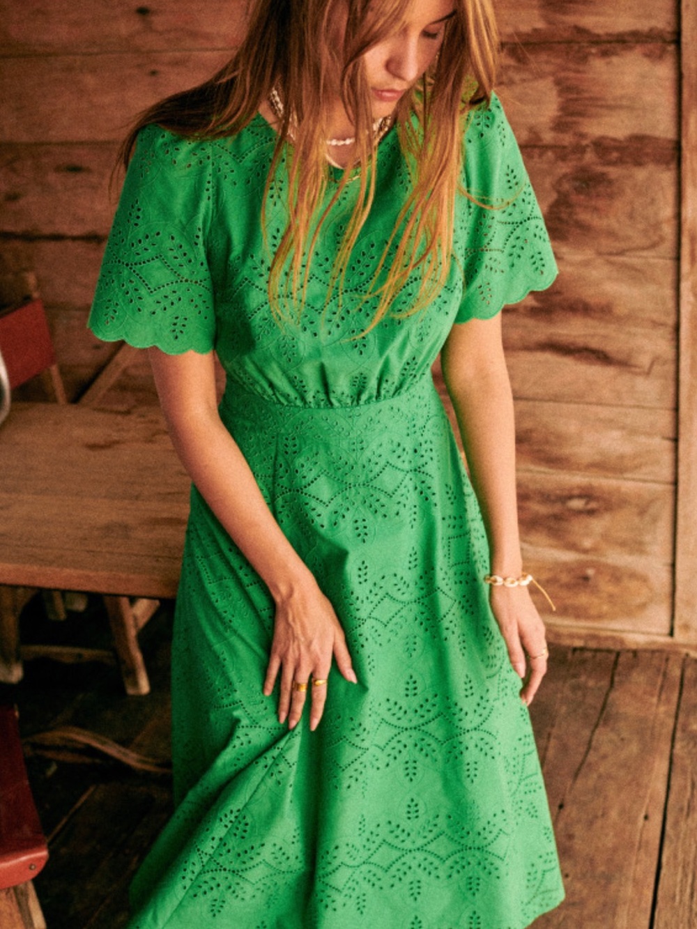 SEZANE NWT Green Floral Eyelet Embroidered Laser Cut Open Back Ladya Midi Dress - Picture 5 of 15